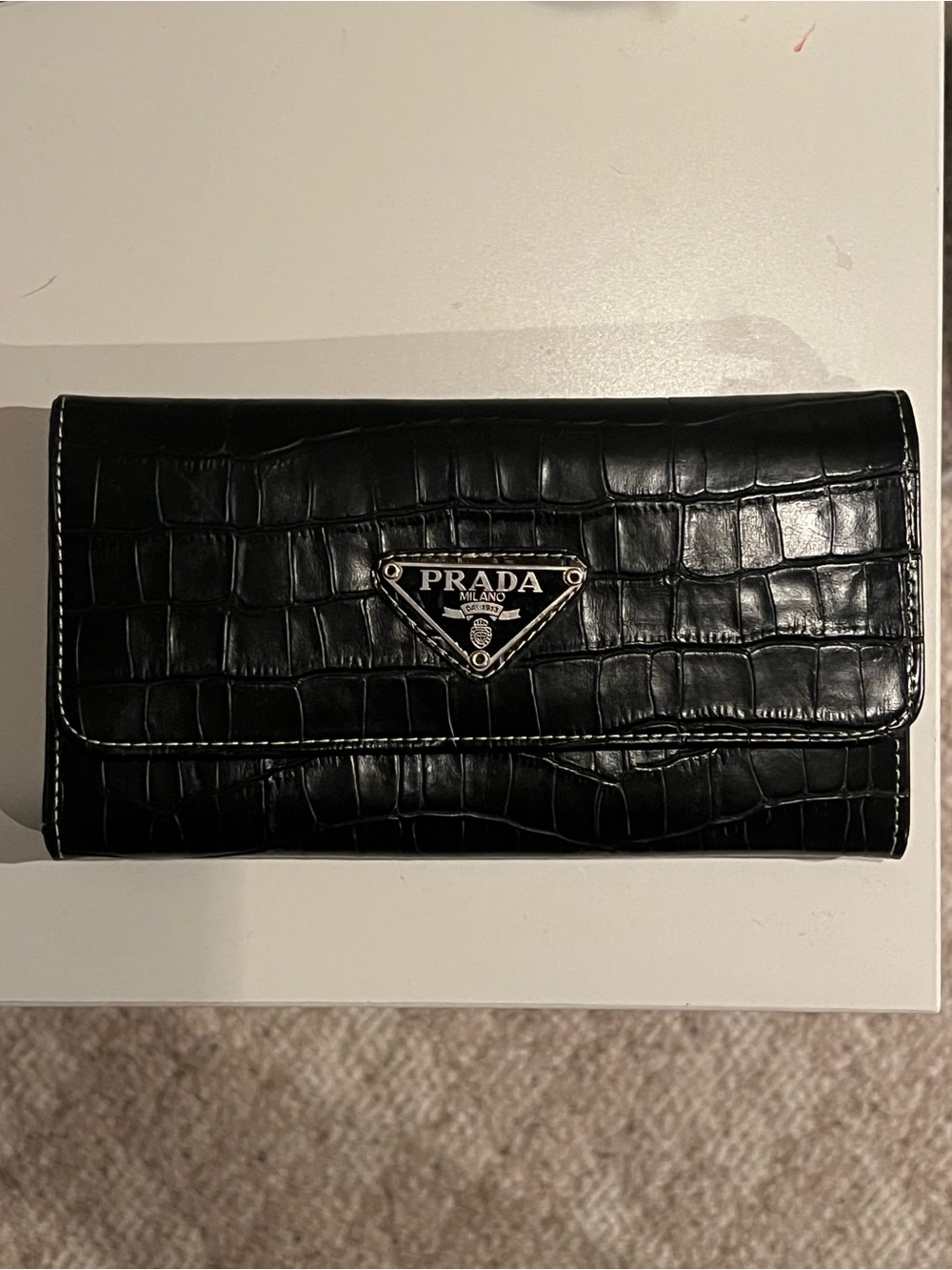 Prada Black Croc-Embossed Continental Clutch Wallet